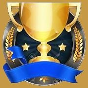 Golden trophy with blue ribbon and stars.