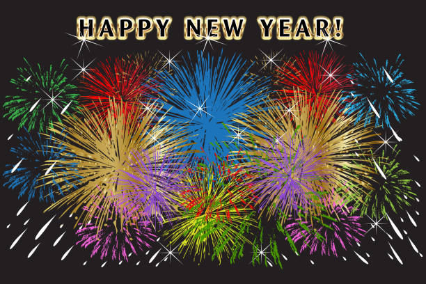 Colorful fireworks burst in the night sky with 'Happy New Year!' text.