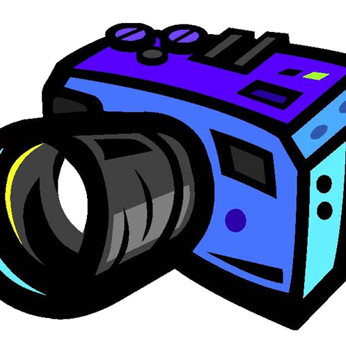 A colorful blue and purple camera illustration with a large lens.