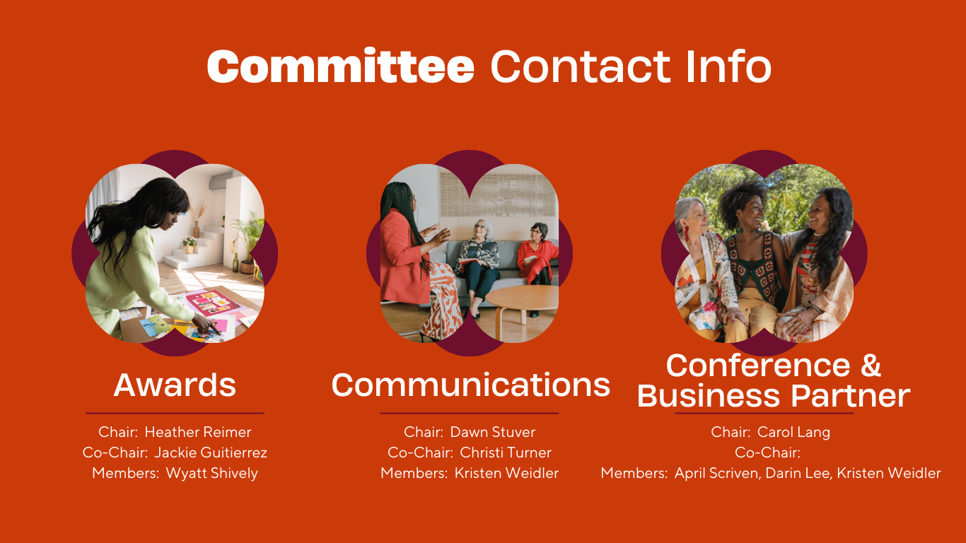 Committee contact info with photos and roles in a bright orange design.