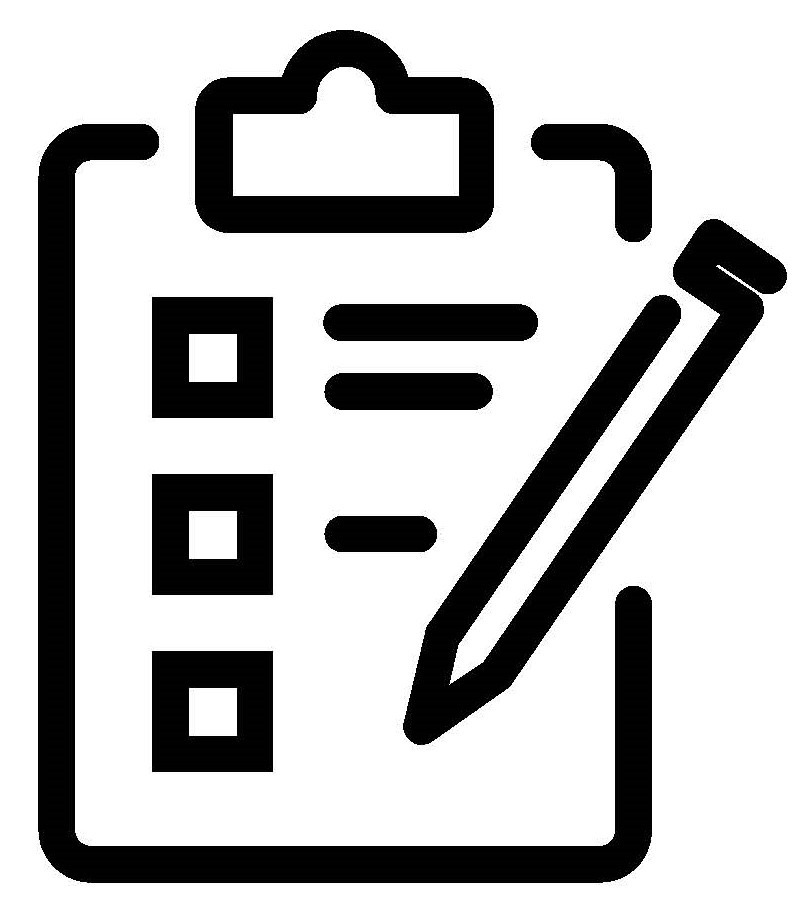 Clipboard with checklist and pen icon in black and white.