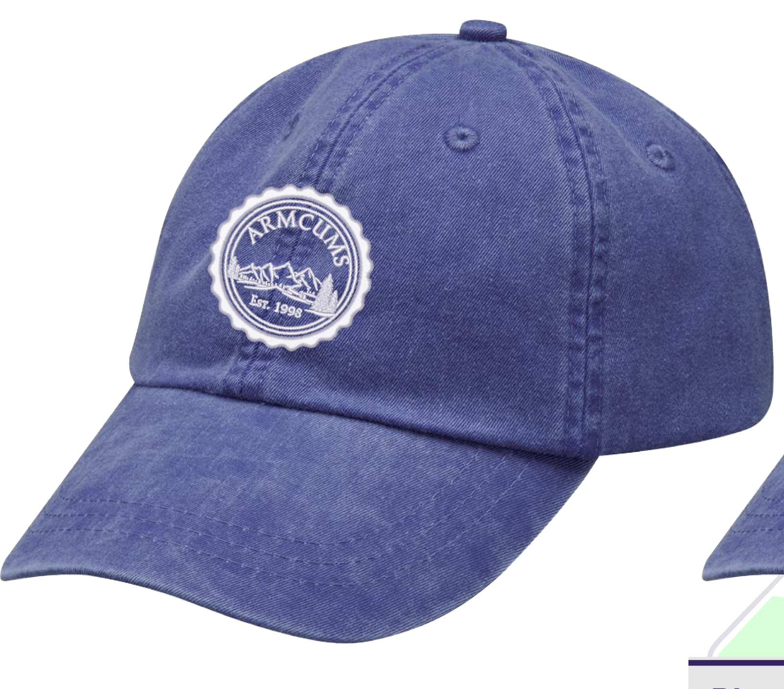 Blue baseball cap with embroidered white logo.