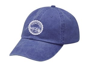 Blue baseball cap with a round embroidered logo on the front.