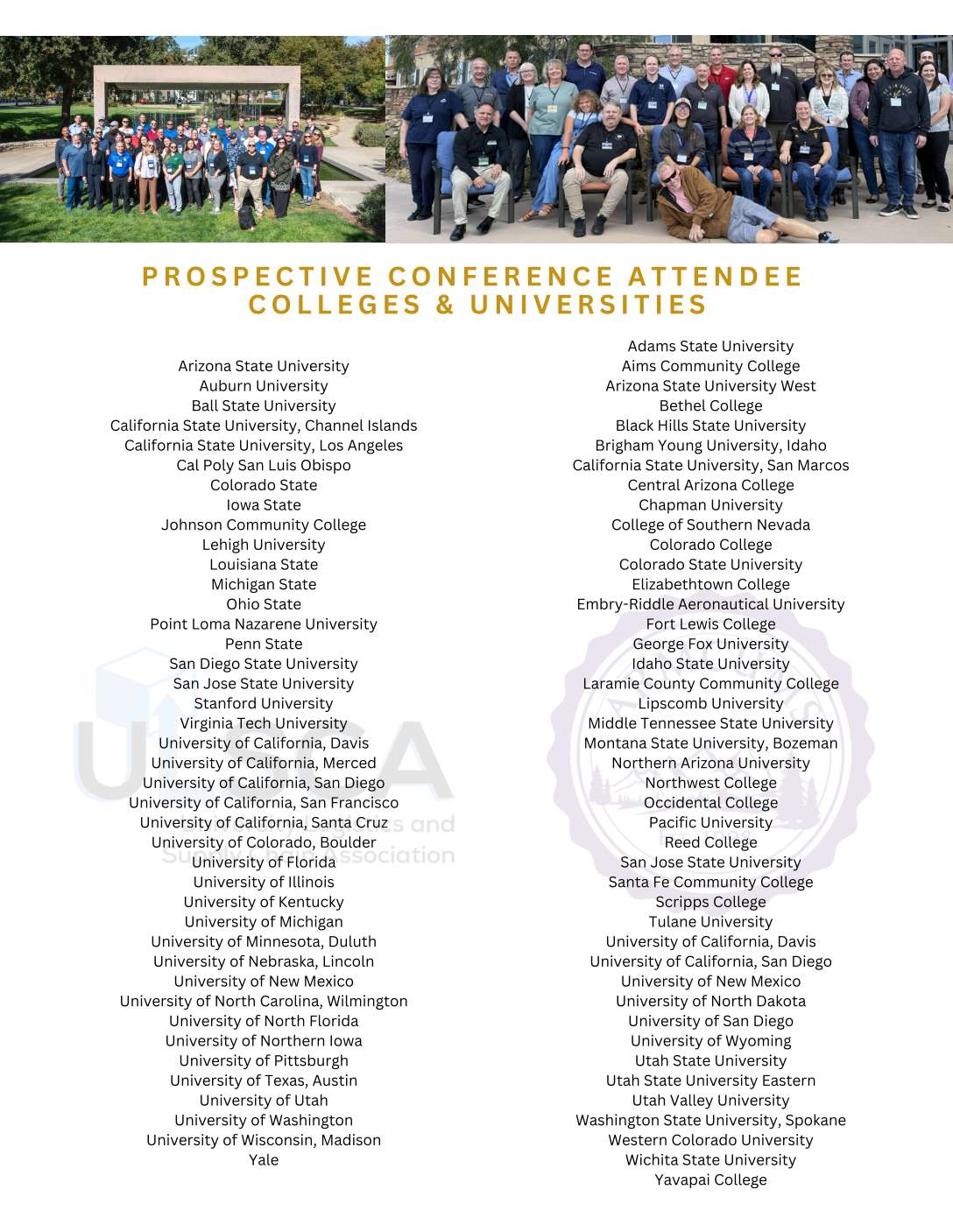 Group photos above list of colleges and universities